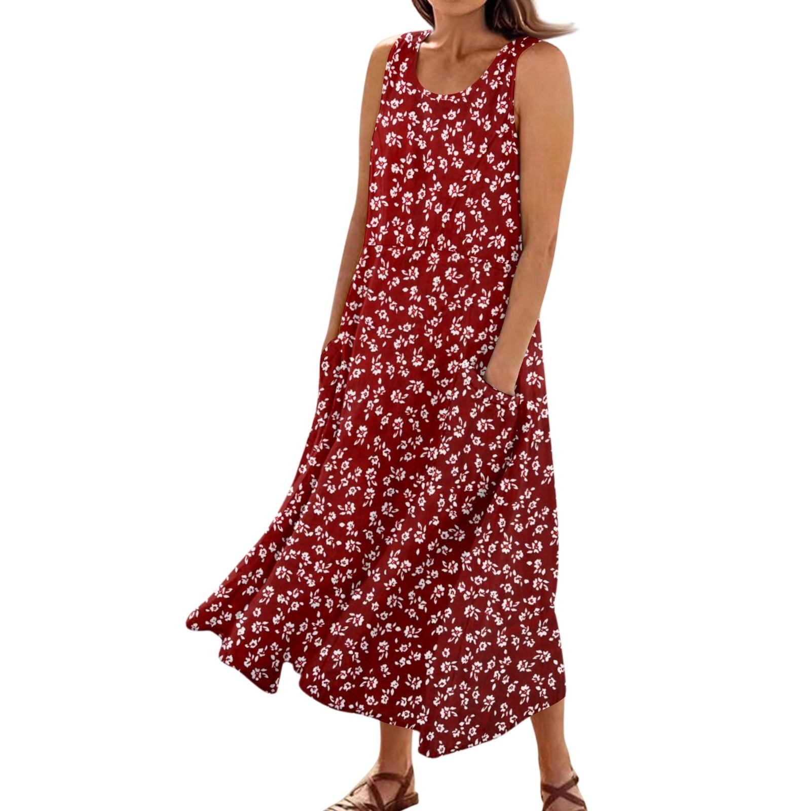 

Women s Summer Casual Fashion Flower Printed Sleeveless Pocket Dress XXL винний