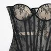 Women Mesh Corset Bustier With Cups Overbust Korset Lace up Boned Shaping Tops Sexy Strapless Crop Tops for Wedding Party Stage