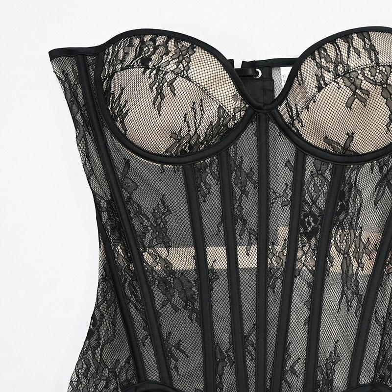 Women Mesh Corset Bustier With Cups Overbust Korset Lace up Boned Shaping Tops Sexy Strapless Crop Tops for Wedding Party Stage