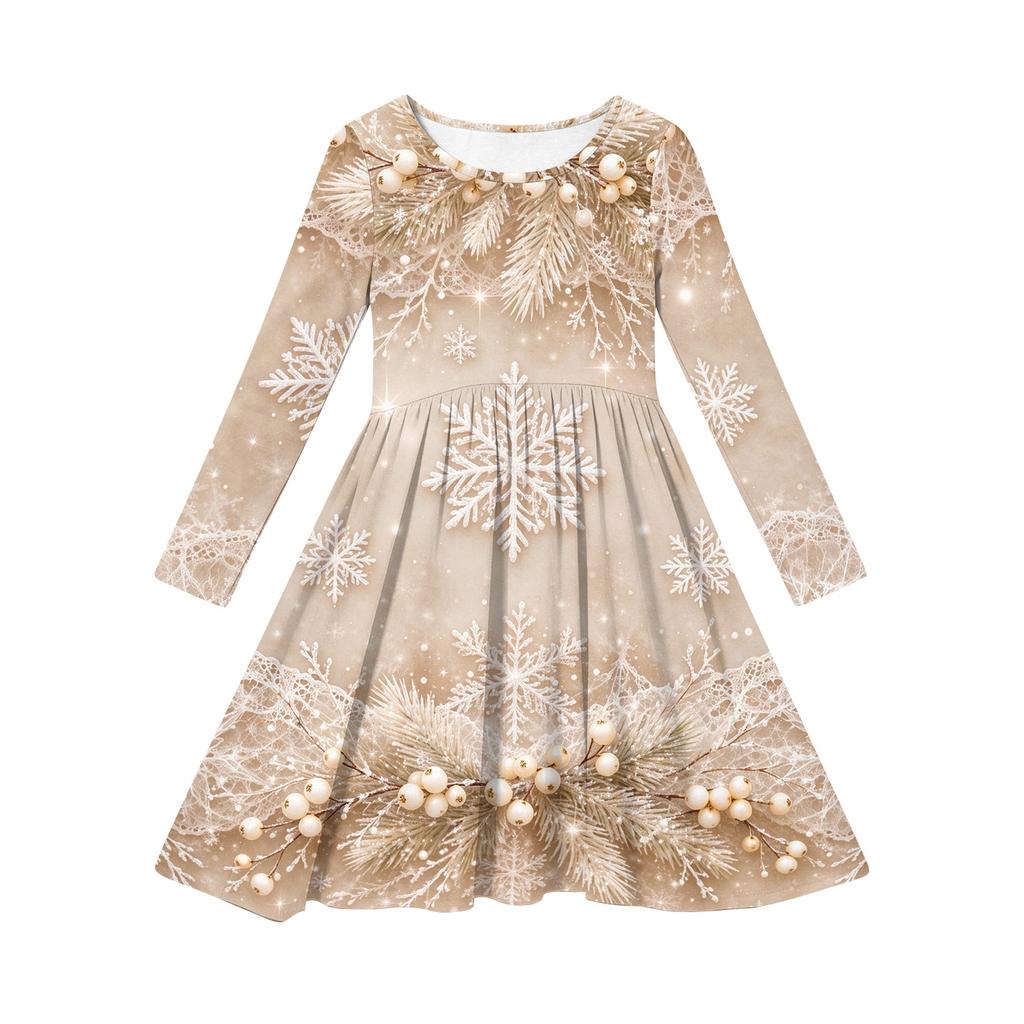 Kids Christmas Print Long Sleeve Dress for Holiday Parties and Everyday Wear
