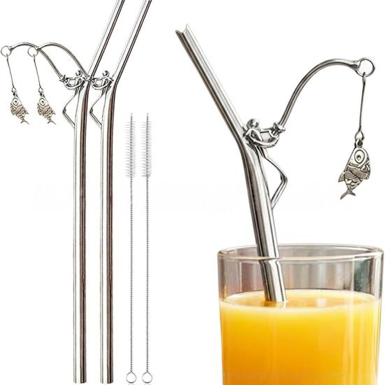 2Pcs Fishing Angler-Shaped Stainless Steel Straw with Cleaning Brush Reusable Metal Drinking Straw for Coffee Milk Tea Juice Novelty Gift for Fishing