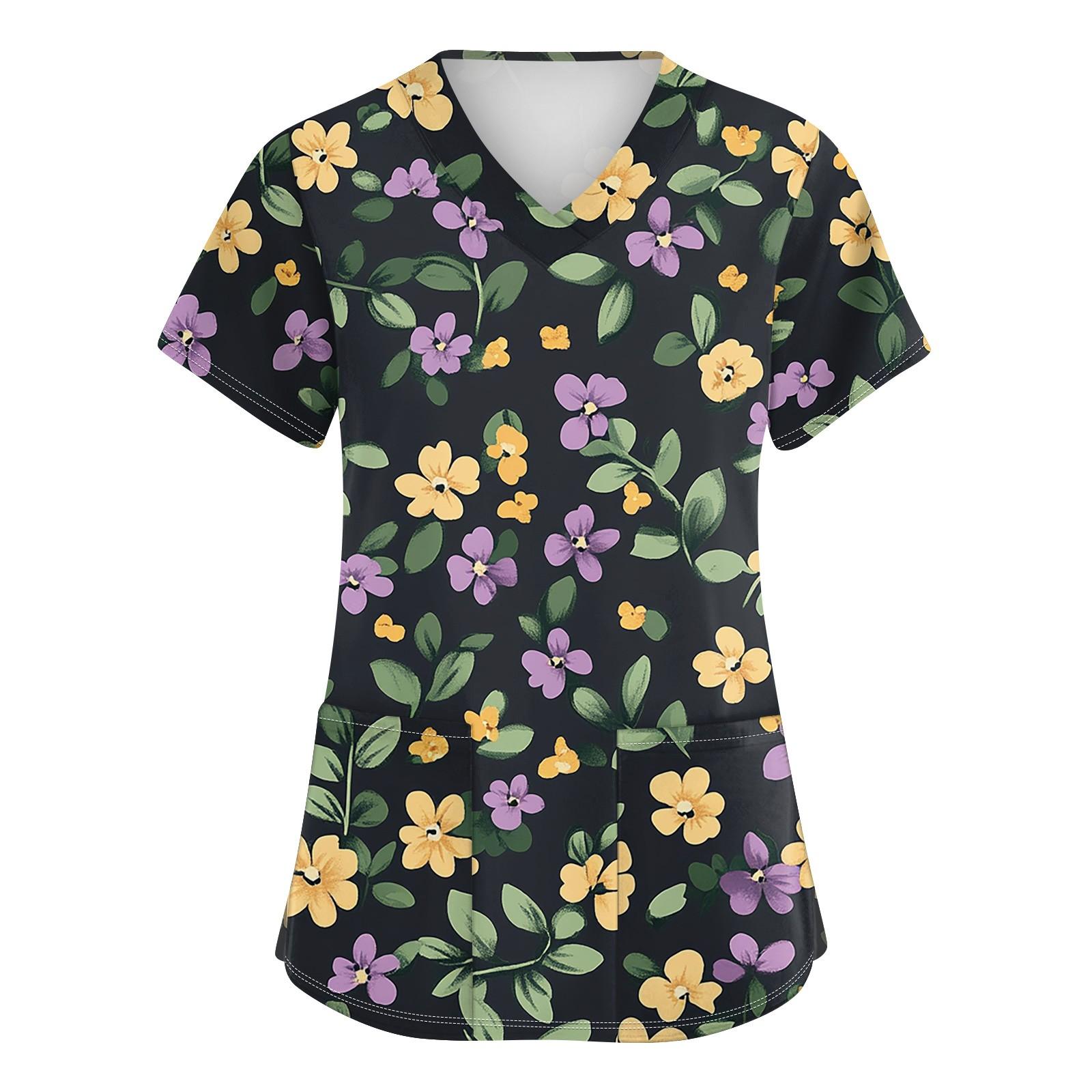 

Жіночий модний робочий одяг з V-подібним вирізом і короткими рукавами з принтованими кишенями M