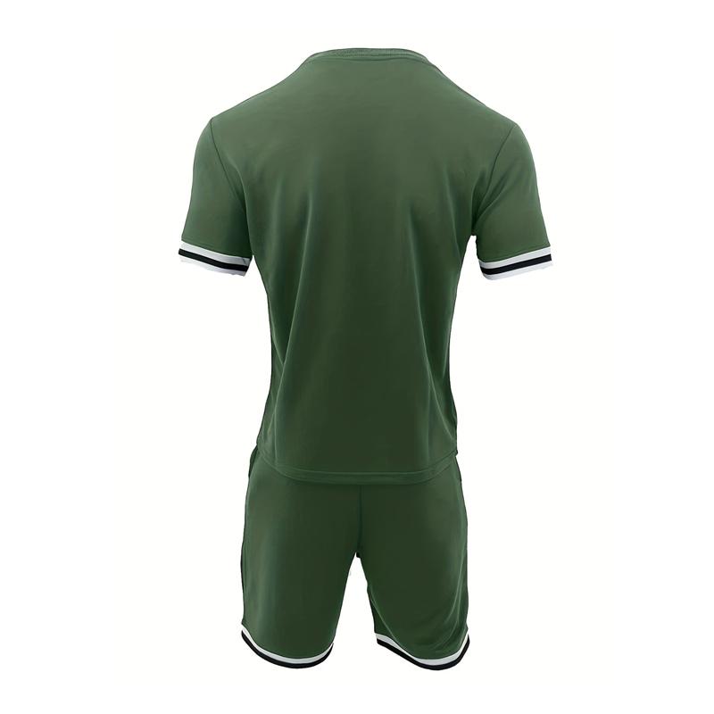 New Summer Men's Minimalist Striped Printed Comfortable and Breathable Round Neck T-shirt Shorts Set for Outdoor Casual Wear