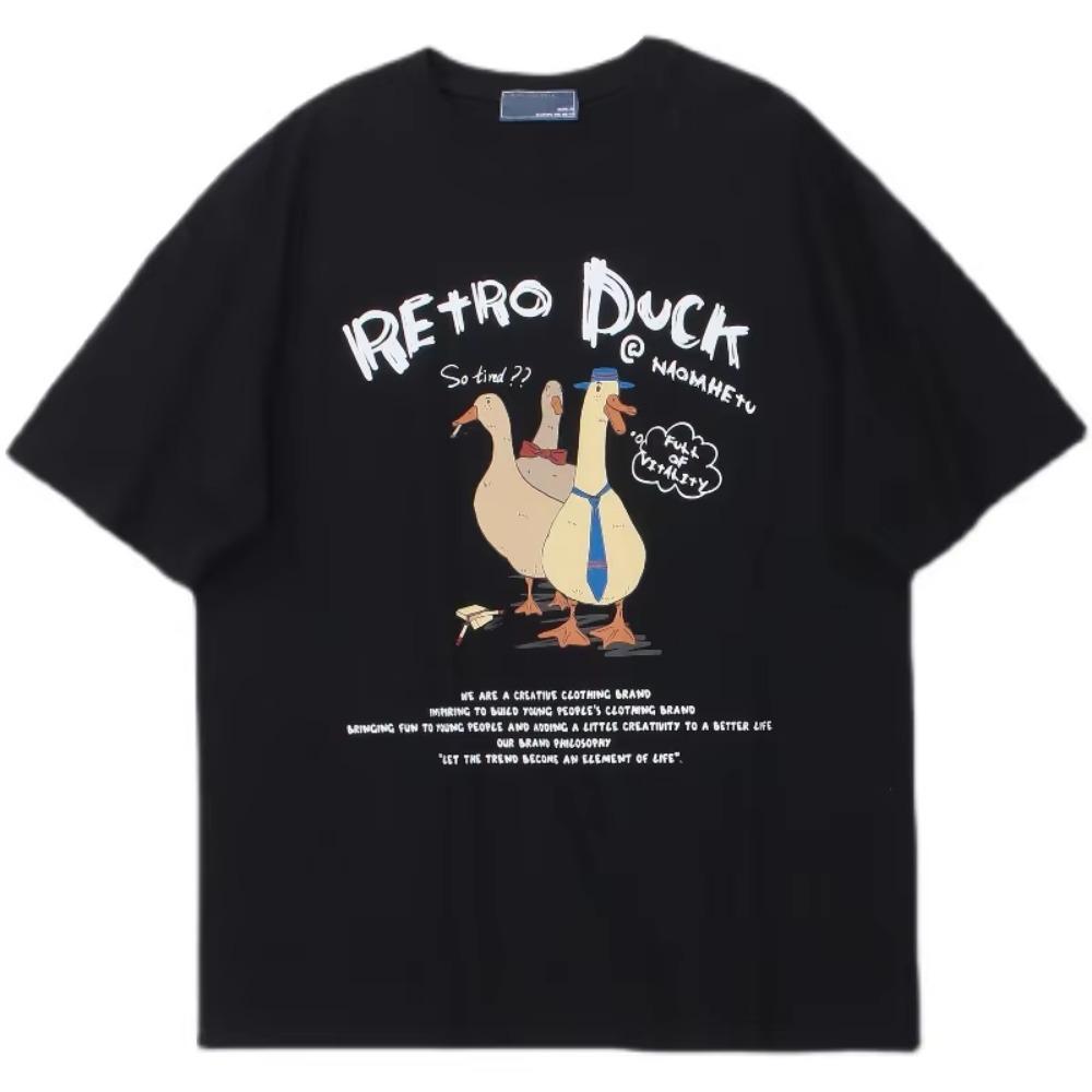 Three Ducks Ah American Retro Cartoon Printed Short Sleeved T-shirt For Men Women Couple Loose And Versatile Student Top Tee