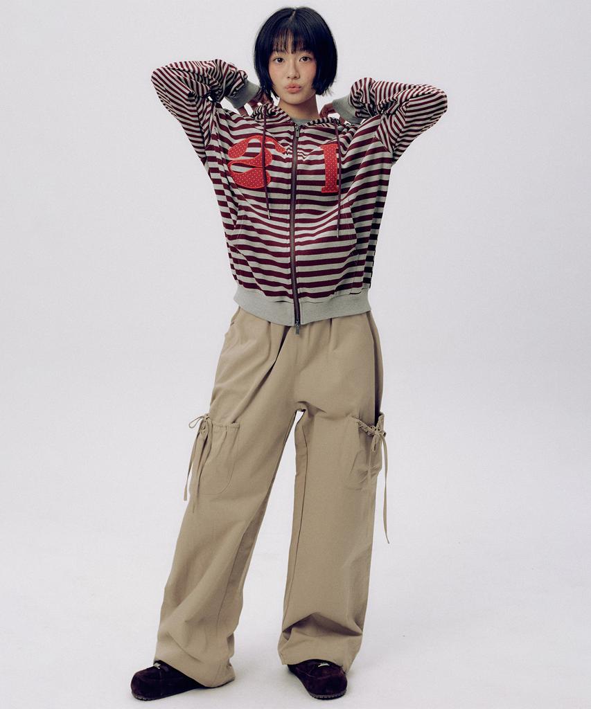 SOME PLACE Shirred Multi-Big Pocket Strap Detail Wide Cargo Cotton Pants_3 Colors