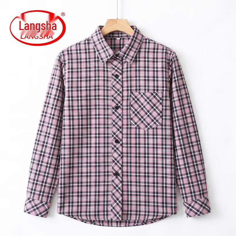Langsaha Women's Loose-Fit Plaid Long-Sleeve Casual Shirt