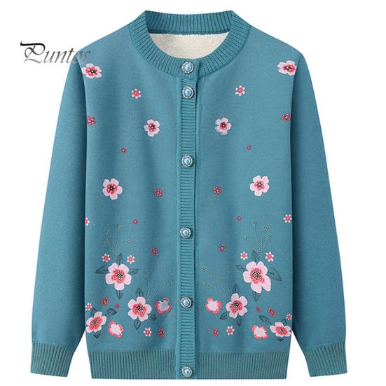 Single-breasted Mother Winter Sweater Coat Flower Print Cardigan Buttons Elastic Keep Women Warm Round Neck Plus Size Grandma Clothing