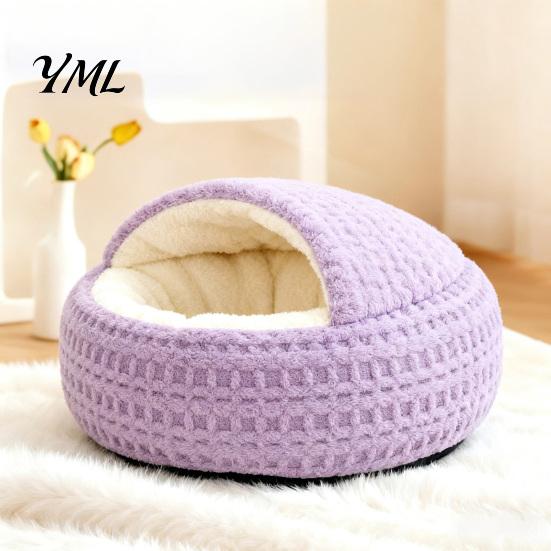 Warm Plush Bed for Kittens Large Cats Covered Cat Bed, Semi Enclosed Cave Hooded Self Warming with Non-Slip Bottom Indoor Small Medium Hideout