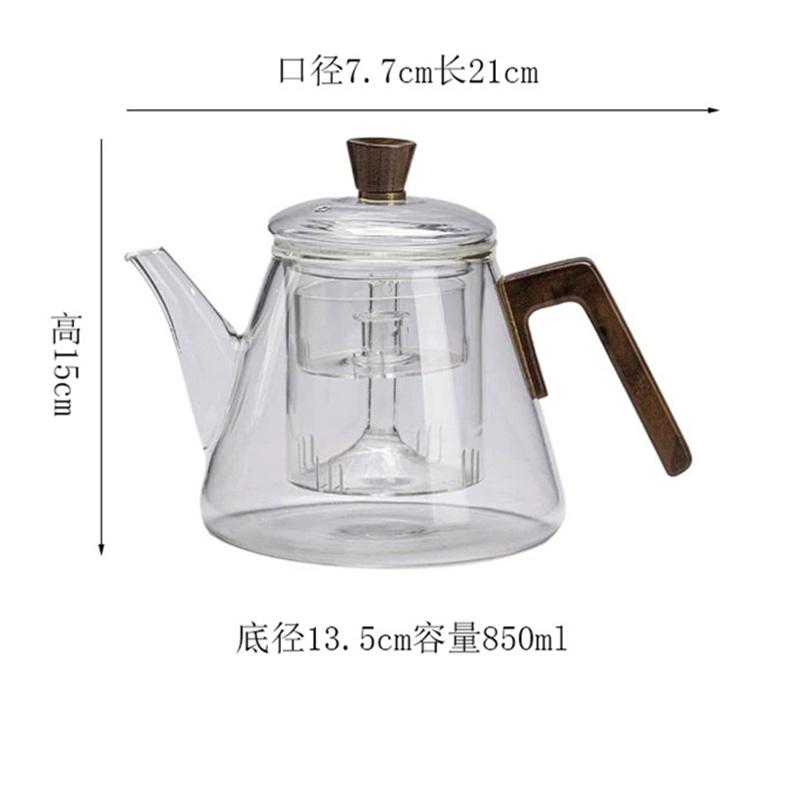 850ml Wooden Handle Glass Teapot Heat Resistant High Borosilicate Glass Steaming and Boiling Teapot Tea Separation Pot Tea Set