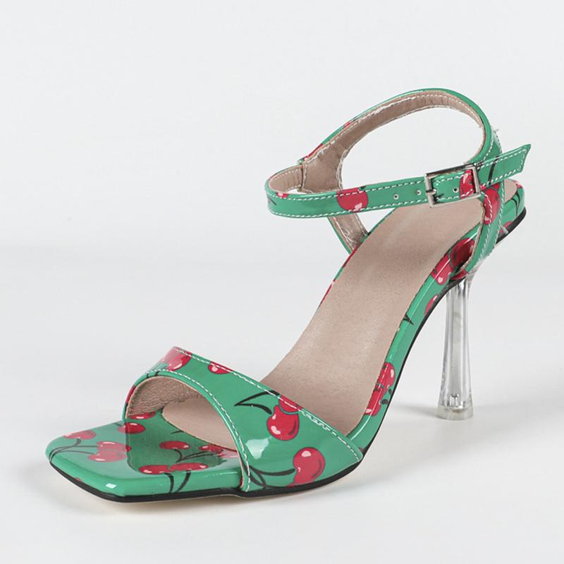 

Модный дизайн Фруктовая кожа Квадратный носок с открытым носком Ремешок с пряжкой Сандалии Женские Прозрачные каблуки из плексигласа Вечерние туфли для платья Розовый 35 зелёный