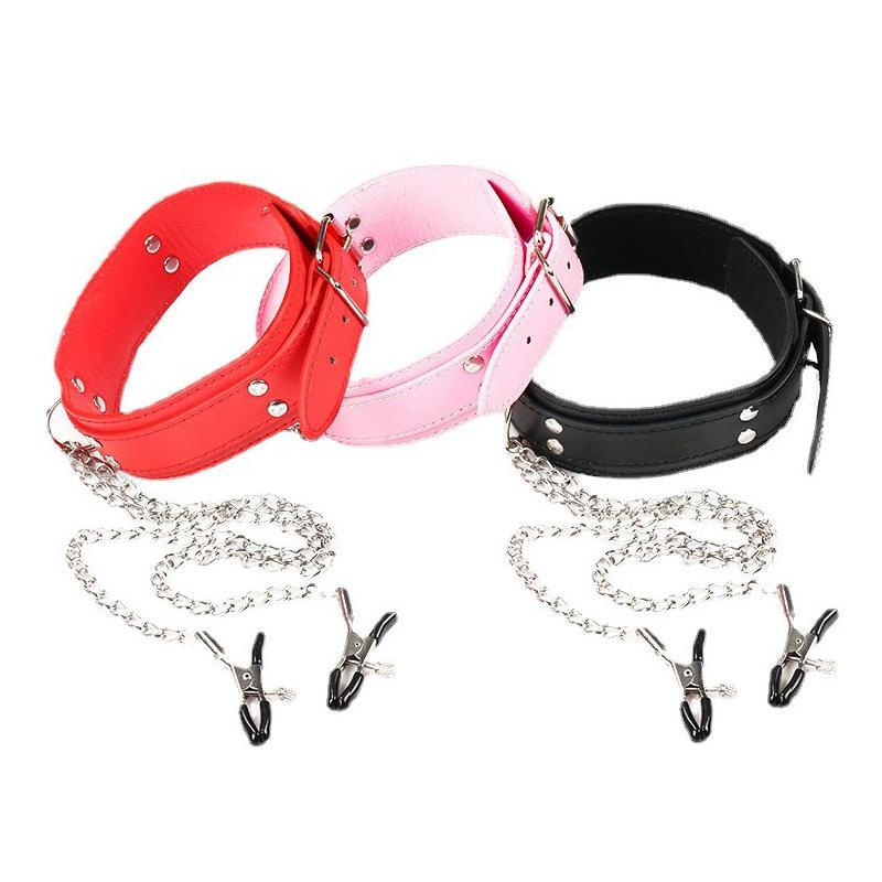 Sexy Leather Choker Collar With Nipple Clamp Breast Clip Chain Couple Bondage Sex Toys For Woman Tools Adult Couples Games