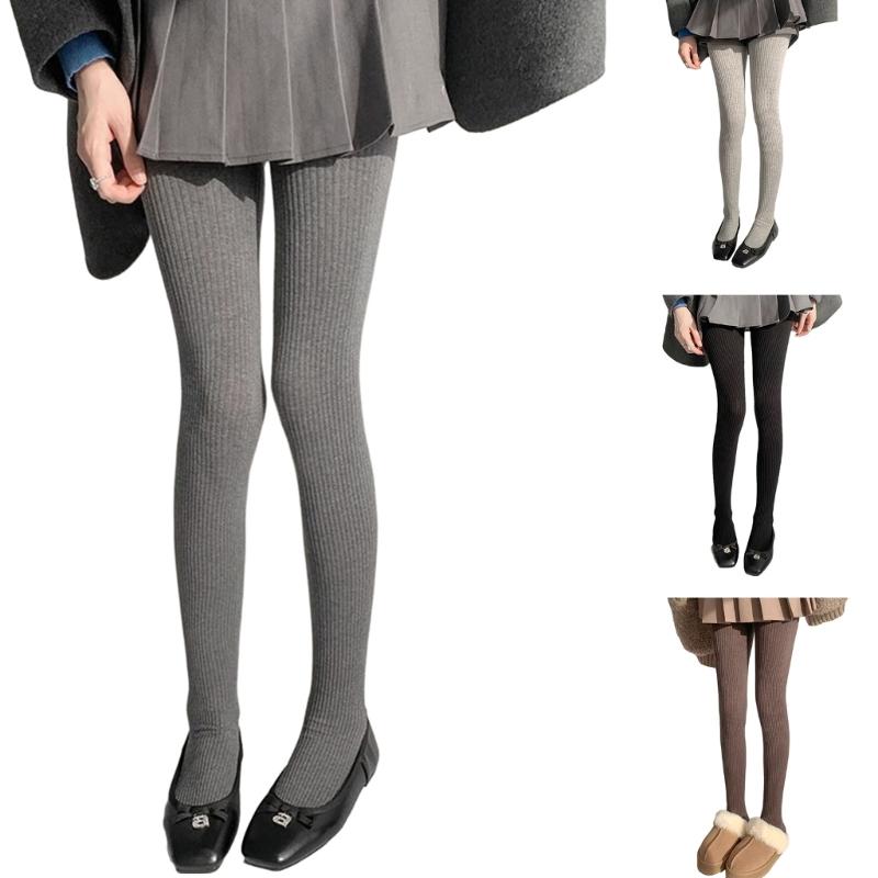 Women Vintage Slim Stockings Solid Color Thicken Ribbed Striped Pantyhose Tights