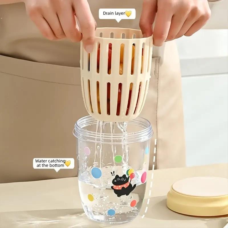 1pc Leak Proof Portable Salad Cup with Fork Large Capacity Drainable Fruit Container,Ventilation Holes Colorful Cartoon Design for Office,School