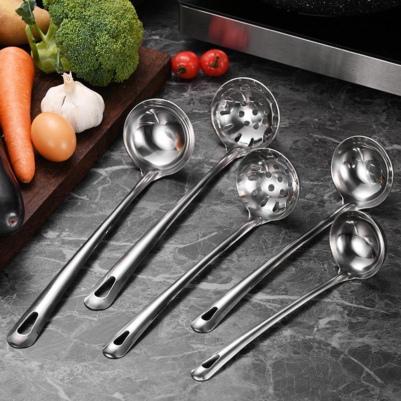 Stainless Steel Deep Bottom Soup Ladle and Strainer for Serving Soup and Porridge in Restaurants and Kitchens.