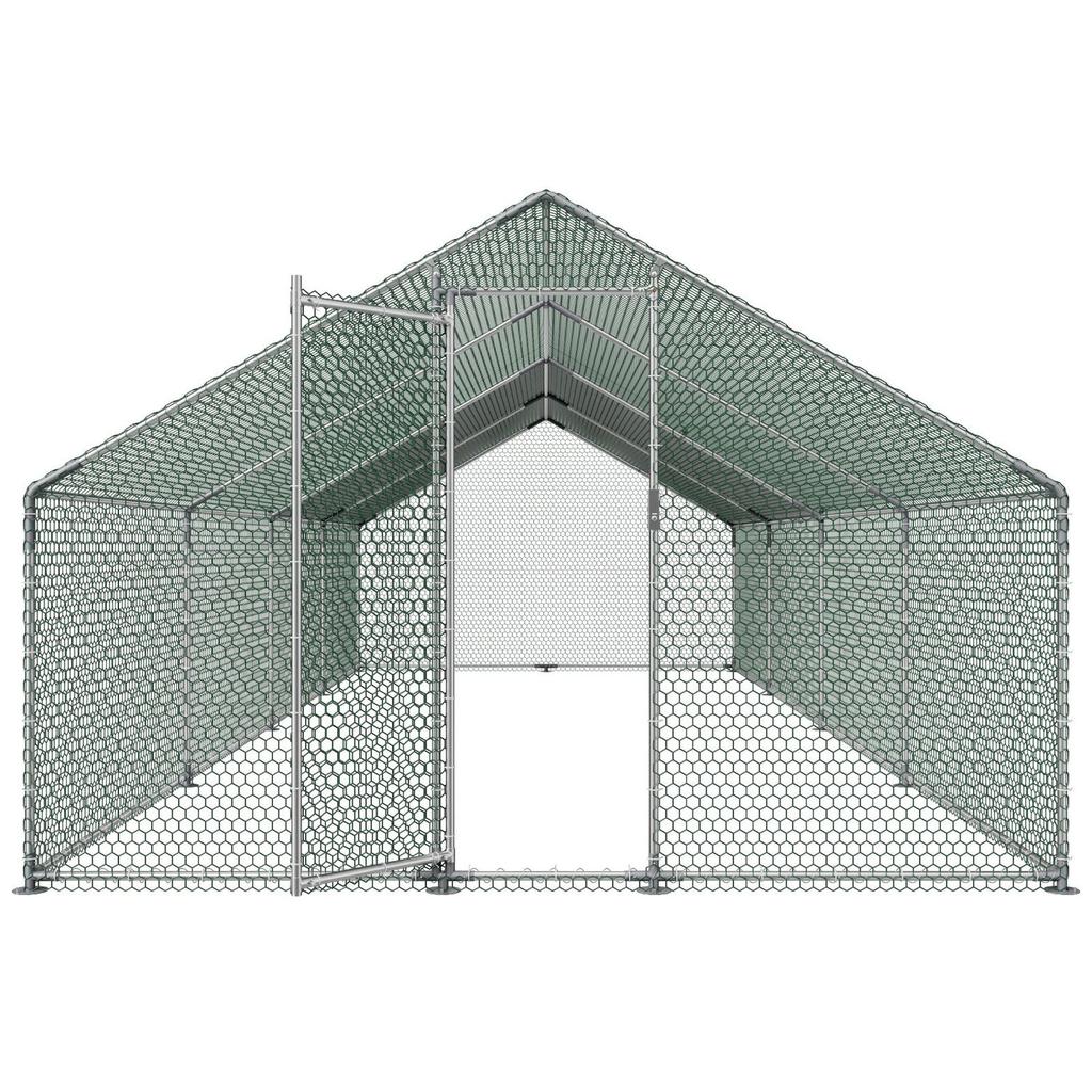 Metal Chicken Coop, 9.8x26.2x6.5 Ft Large Walk-in Chicken Runs with Cover, Spire Roof Hen House Enclosure with Security Lock, Outdoor Duck Rabbit Cage
