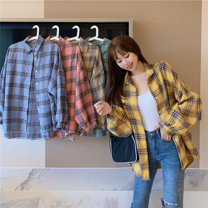 Camicie a quadri larghe semplici vintage primaverili da donna, moda a maniche lunghe, taglie forti, casual, camicette da donna, monopetto, slim, da ufficio, da donna, 26107