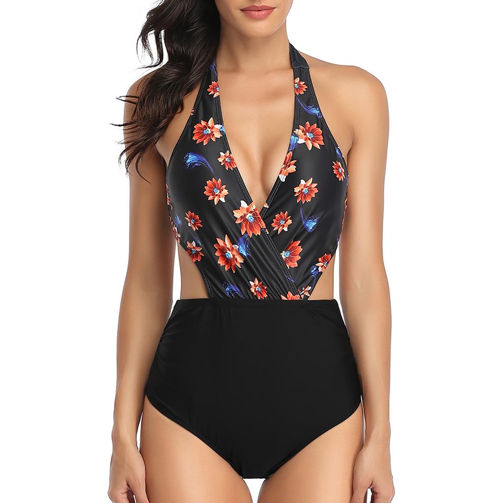 Women Bodysuit Bikini Sexy Deep V Print Swimwear Backless Swimsuit Bathing Suit