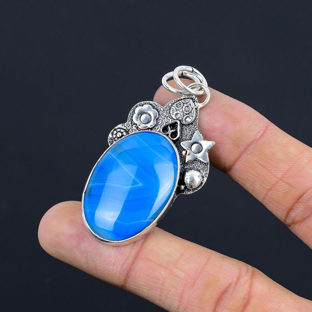 Sisters Day Sale Blue Botswana Agate Gemstone Sterling Silver Ethnic New Pendant