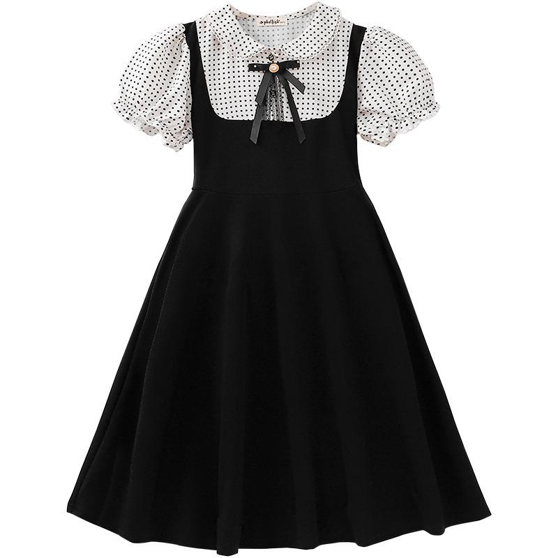Girls Fashionable Dress - Summer Children s Princess Black Polka Dot Dress 120cm чёрный