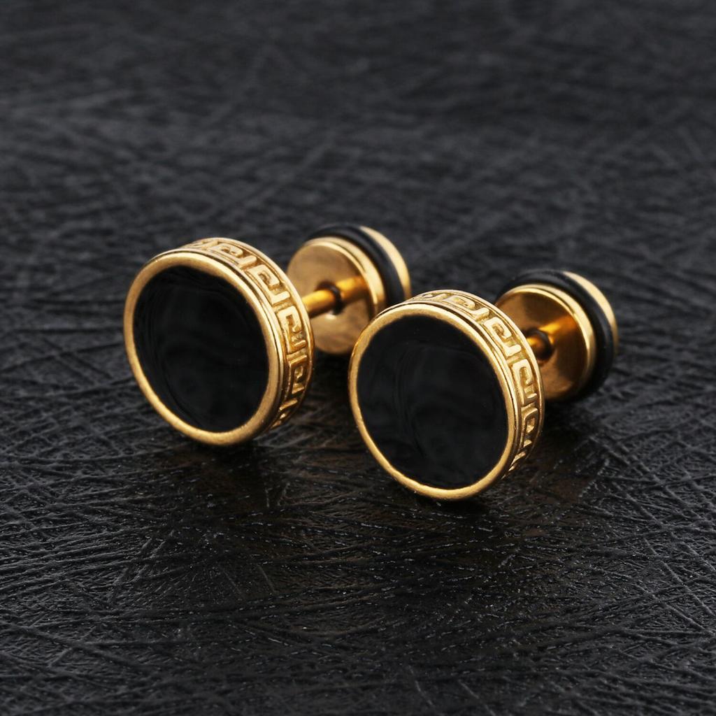 2026 Men's Titanium Steel Stud Earrings, Golden Great Wall Paper Pattern Flat Round Cake Type, Glue Stud Earrings