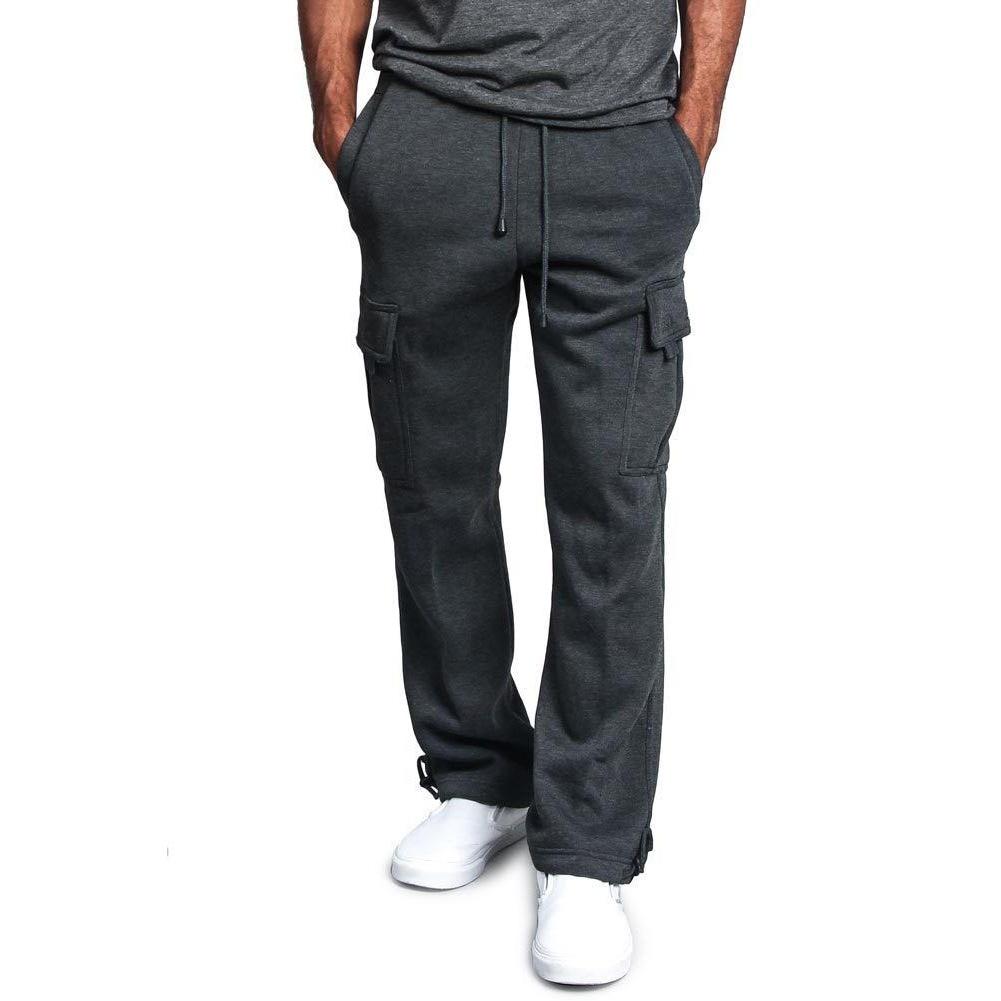 Mens Casual Multi Pocket Solid Color Cargo Pant Drawstring Loose Sports Outdoor Outerwear Sportswear Straight Trousers Summer Sweatpants Bottoms
