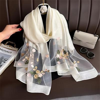 Women Silk Wool Scarf Floral Embroidery Hijab Female Foulard Spring Summer Thin Pashmina Shawls Wraps Bufanda Headscarf Stoles