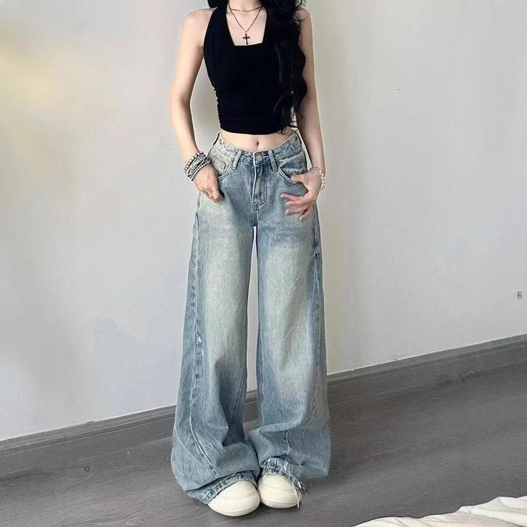 Wearable Micro-large Denim Wide-legged Trousers Women's Large Size Design Sense Blue High-waisted Loose Straight Trailing Long Trousers Denim Pants