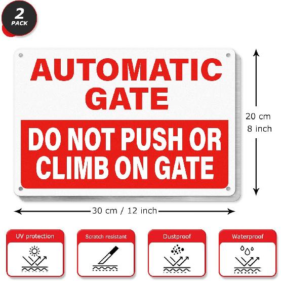 Automatic Gate Signs 12 × 8 Inches Aluminum Notice Do Not Push or Climb on Gate Signage Electronic Sel-Adhesive Outdoor for Shop Office Safety