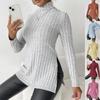 Women's High Neck Pullover Autumn Winter Slit Slim Fit Bottomed Shirt Pit Stripes Medium Length Sweaters