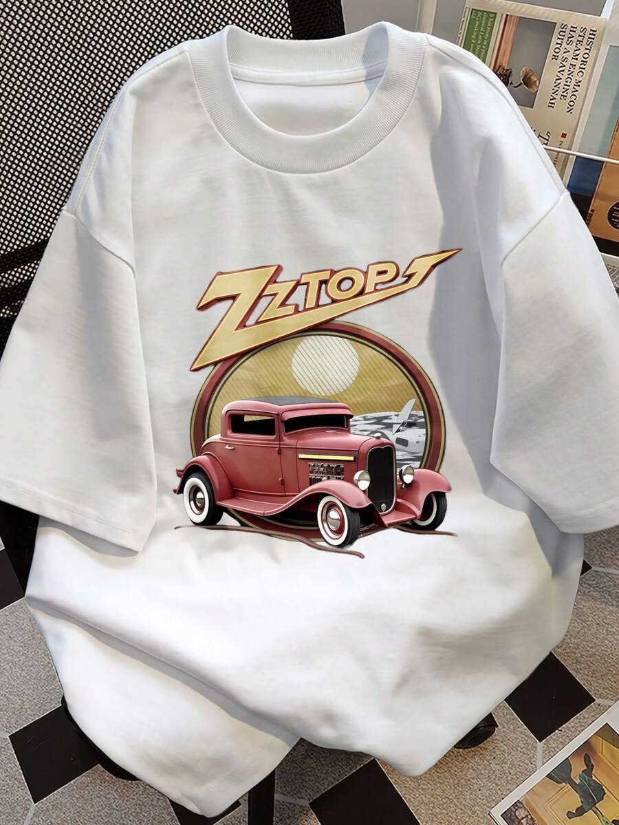

Unisex s Print T-Shirt - Zztops Red Classic Car Sunset Background Casual Round Neck Short Sleeve Tee For Urban Streetwear, XL