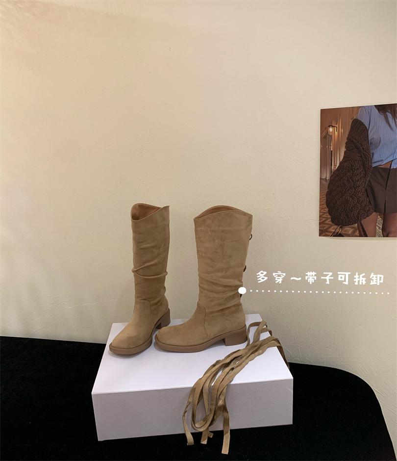 2025 Autumn New Wasteland Fringed Knight Boots Women's Thick Heel Medium Heel Tube Boots Stacking Boots