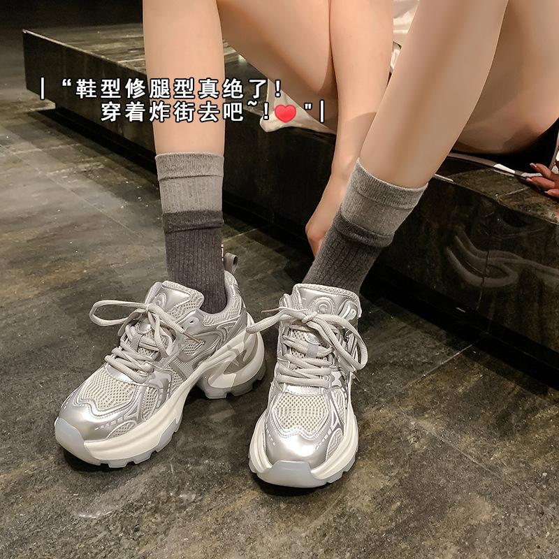 2025 dad shoes women's cloth lace-up silver-white heightened platform casual light training summer breathable sports shoes