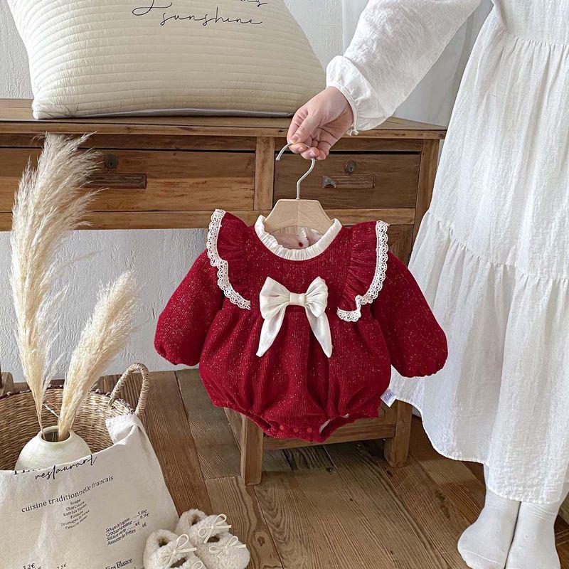 

Korean Style Ins Baby Girl Fleece-Lined Romper Autumn and Winter Warm Long-Sleeve Jumpsuit Stylish Outdoor Clothing 1 Red 73CM