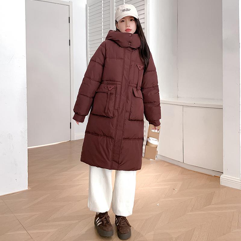 2025 New Bread Jacket Down Cotton Jacket Cotton Clothes Female Students Winter Thickened Long Hooded Jacket