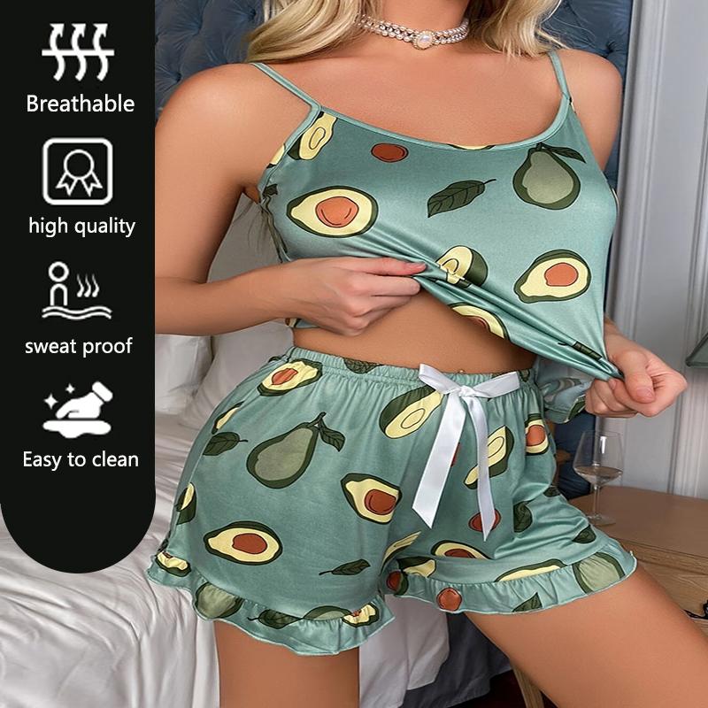 2 buc/set Pijama de damă Imprimată Casual Halter Cămașă de noapte Fată Haine de casă Ușor de curățat Verde Casual Breteluțe Haine de dormit