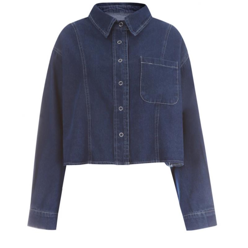 Shop Women Semi Cropped Collar Neck Button Open Denim Long Sleeve Shirt Dark W