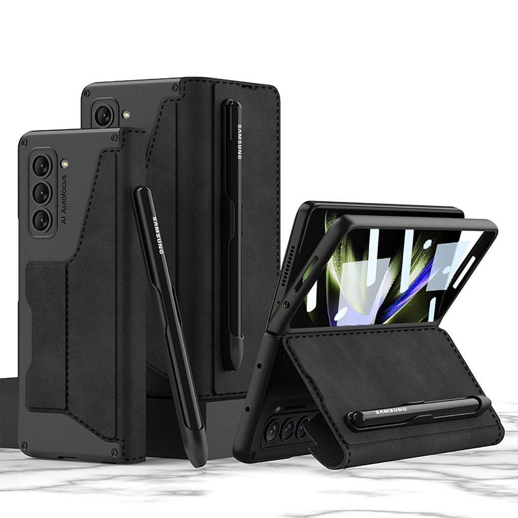 Für Samsung Galaxy Z Fold 5 Schale und Membran Integriertes faltbares Lederetui mit abnehmbarem Stifthalter und Kartensteckplatzabdeckung