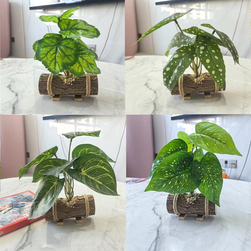 Creative Wooden Basin with Artificial Green Plant Bonsai Ornament for Display and Decoration.