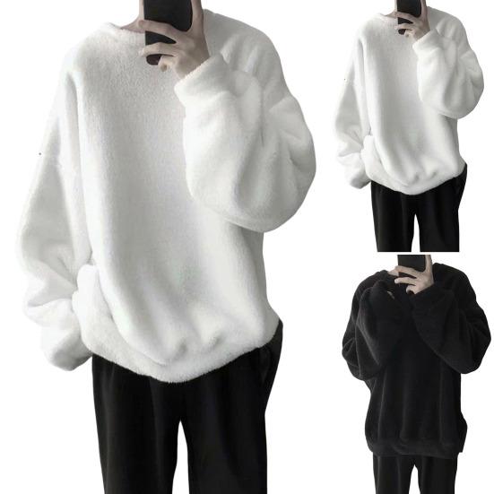 Bluză de trening groasă de iarnă cu gât rotund și mânecă lungă, culoare solidă, pentru bărbați. Bluză de trening supradimensionată, culoare solidă, pluș pe ambele fețe.