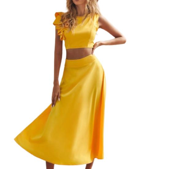 2Pcs/Set Lady Suit Solid Color Backless Quick Drying Cropped Top Midi Skirt for Daily Life