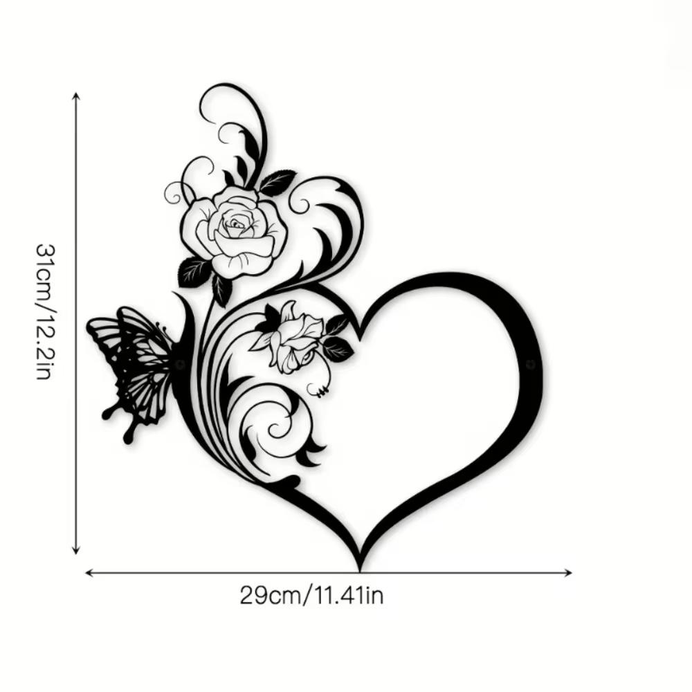 1 Stück Metall Rose Schmetterling Blume Liebesform Wandschild - Schwarz. Kleines Familienliebe-Schild. Hauptwand-Dekor. Wandaufkleber. Kunstwerk.