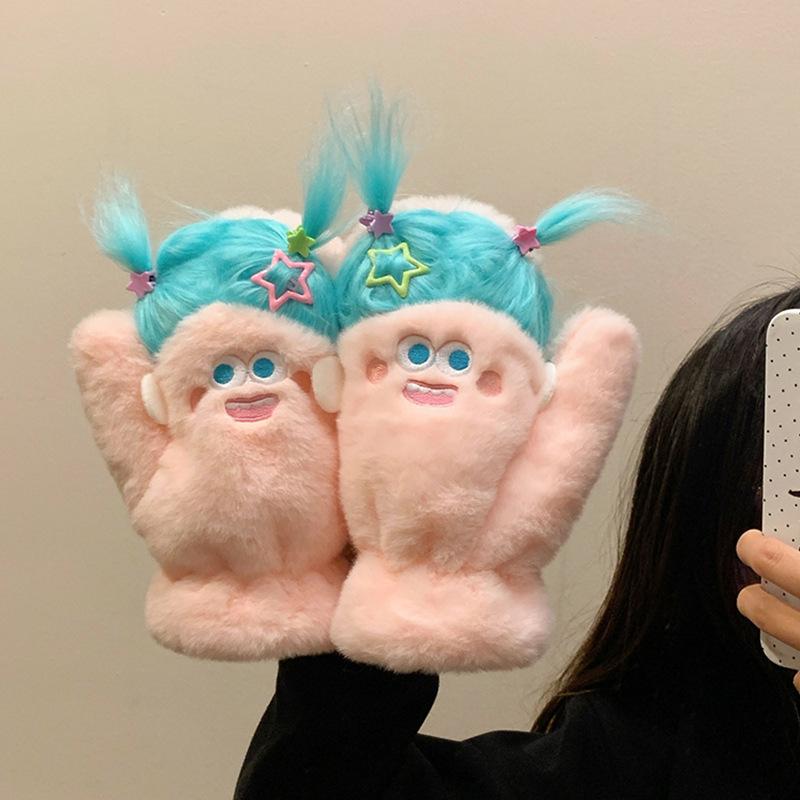 

Funny Braid Plush Gloves for Women In Winter Cute Student Halter Neck Full Cover Finger Plus Velvet To Keep Warm Cycling Prevent Cold One size