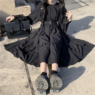 Gothic Style Kleid Damen Harajuku Gothic Lolita Kawaii Kleid Punk Niedlich Langarm Schwarz Midi Kleid