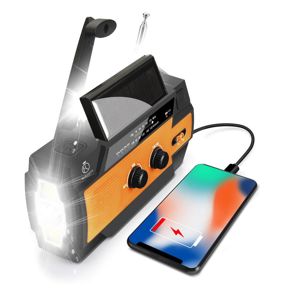 Rikopin Emergency Radio with USB Hand Crank and Solar 2000mAh Disaster Preparedness Supplies for and Power Compatible with iPhone and Android Radio