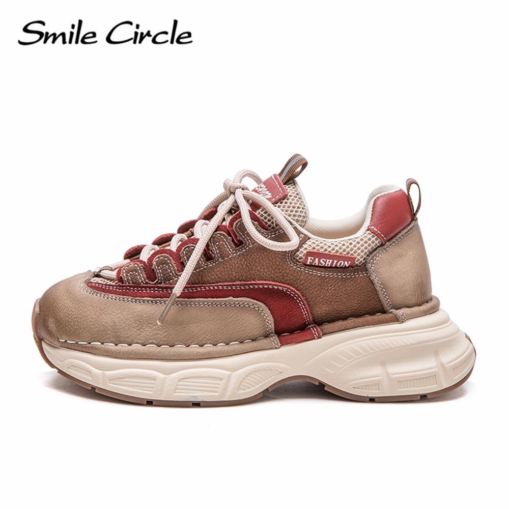 Damen Sneakers aus echtem Leder mit runder Zehenpartie und zunehmender Höhe, modische Freizeitschuhe mit dicker Sohle