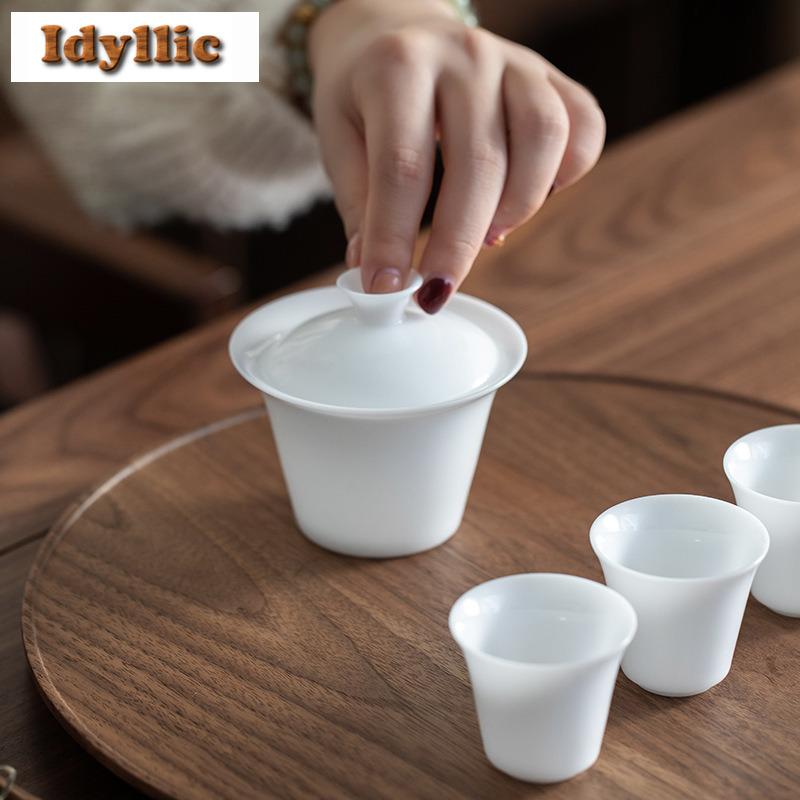 125ml Mutton Fat Jade Ice Seed Horseshoe Gaiwan Ancient Tea Tureen Tea Bowl With Lid Kit Tea Maker Cover Bowl Tea Items Gift