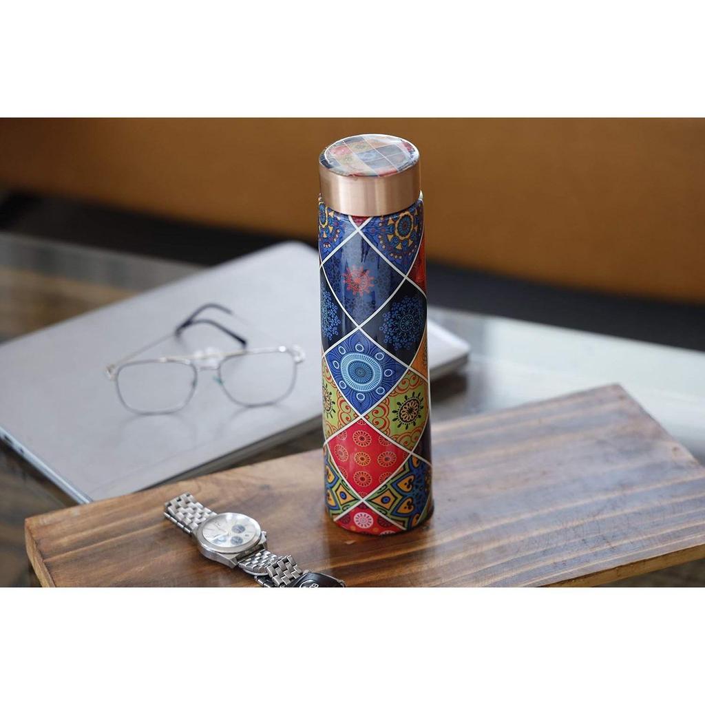 Moroccan Multicolour Designer Printed 100% Pure Sleek Copper Bottle 1 Litre | Beautiful Sleek Bottle