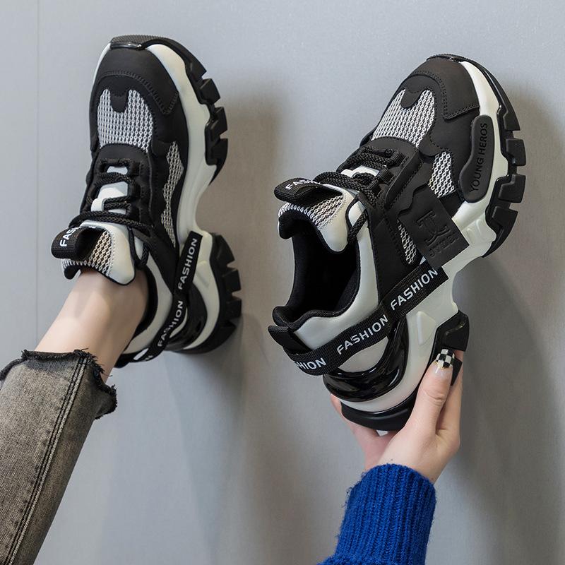 Daddy Shoes Autumn Women's Fashion Platform Black Sneakers Leather Versatile Non-slip Heightening Casual Shoes