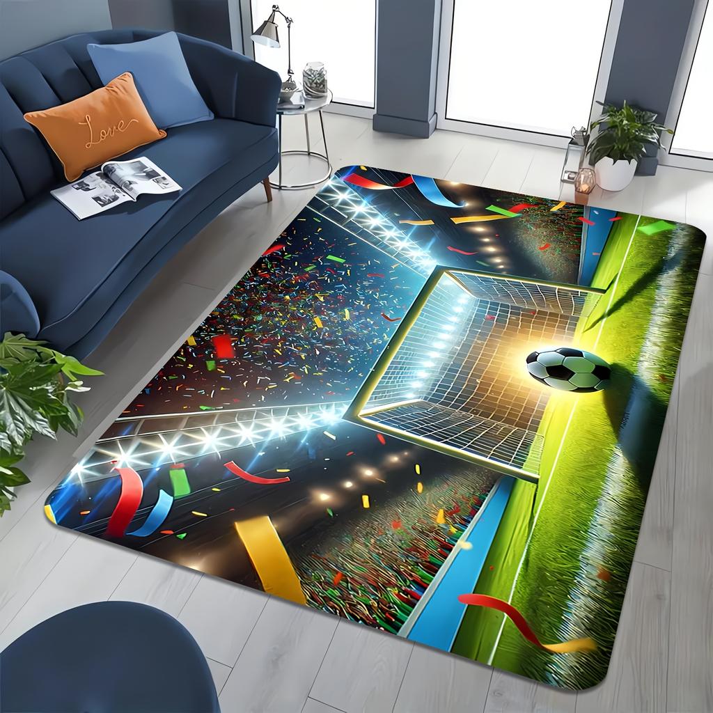 Creative Soccer Field Print Floor Mat, Sports Theme Non-Slip Washable Rug, Indoor Outdoor Decor Carpet for Living Room Patio