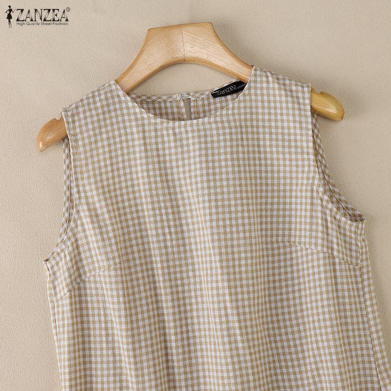 ZANZEA Women Plaid Print Casual Round Neck Sleeveless Dress